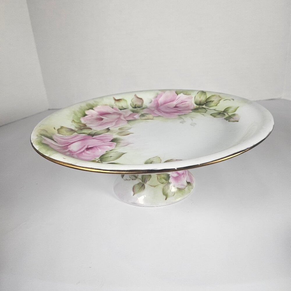 Pink Roses And Green Foliage Hand Painted Pedestal Cake Plate, Gold Edge Vintage
